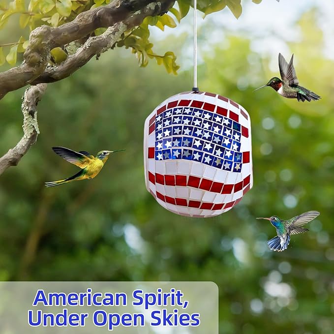 VOREEN Mosaic Bird Feeder, American Flag Design, 6.25" Round Glass Fly-Through Birds Feeder for Outdoor Hanging, Garden, Yard, Backyard, Gift for Mom Wife Friend, 4th of July Decor