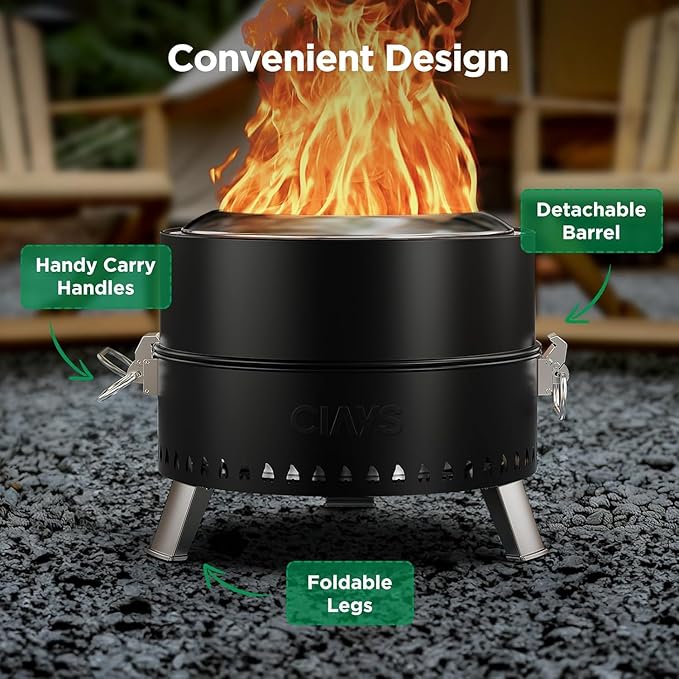 Ciays Smokeless Firepit for Outside, 21 Inch Outdoor Fire Pit for Camping with Patented Technology, Portable Fire Pit with Steel Grill Rack, Fire Poker, and Bag, Easy Setup and Storage, Wood Burning
