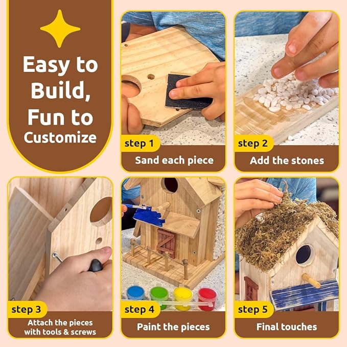 SparkJump Cottage Birdhouse Kit - Easy DIY Bird House for Outdoors, Cedar Roof & Front Porch, Natural Stones, FSC Certified Wood, Fun Family Crafting Project