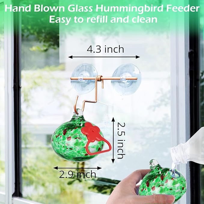 Window Hummingbird Feeder with Suction Cups,Hand-Blown Glass Hummingbird Feeders for Outdoors Window Mounted with Metal Hook,Close Bird Watching,Finch in Garden,Yard(Green)