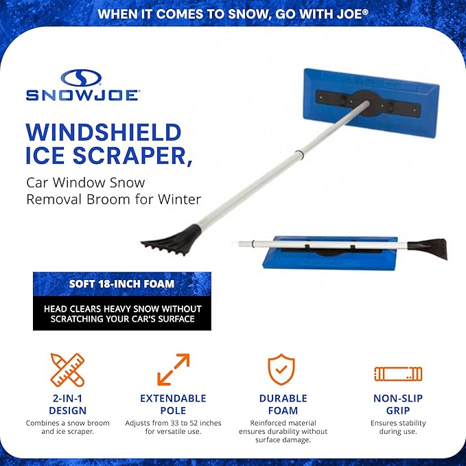 Snow Joe 18" Telescoping Snow Broom & Ice Scraper for Car Windows, No-Scratch Foam Brush - Long and Extendable Ice Removal Tool for Window and Windshield - Automotive Cleaning Accessories, SJBLZD