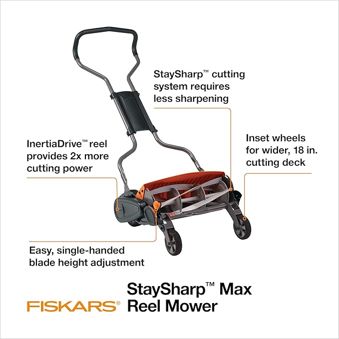 Fiskars Push Mower - 18" Cut Width Manual Reel Mower with No Motor - Grass Cutter with Steel Blades that Stay Sharp - Eco-Friendly Lawn Care