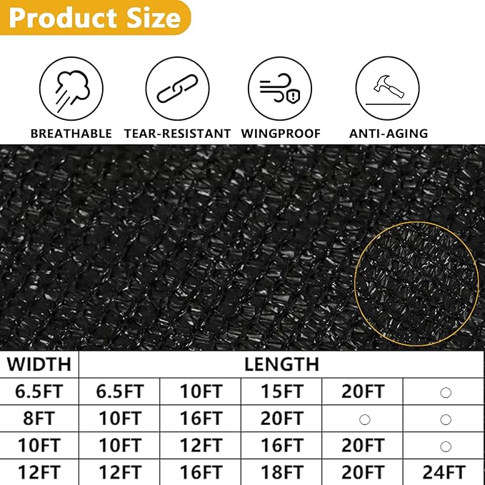 POYEE 90% 10ftx16ft Black Shade Cloth Taped Edge with Brass Grommets Garden Sun Shade UV Resistant Sunblock Shade Net for Outdoor Plants Vegetables Greenhouse