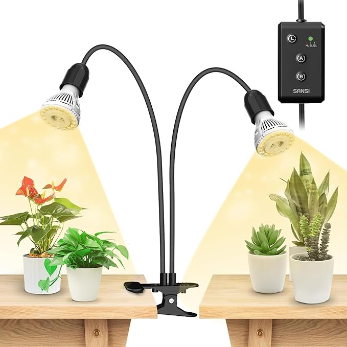 SANSI LED Grow Lights for Indoor Plants, Lifetime Free Bulb Replacement, 300W Full Spectrum Dual Gooseneck Clip Plant Grow Light, Plant Light with Timer 4/8/12 Hrs, High PPFD Growing Power Grow Lamp