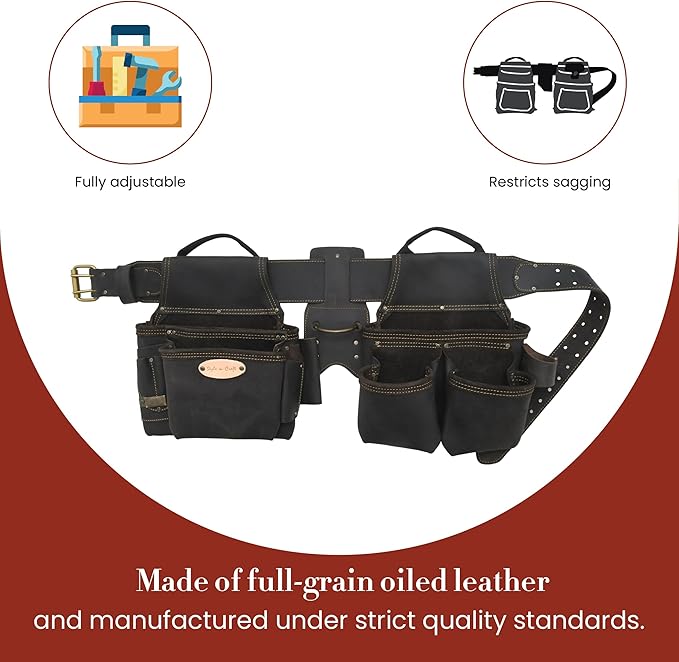 Style n Craft 4-Piece and 17-Pocket Pro Framer’s Combo, Tool Belt with 2 Tool Pouches and 1 Hammer Holder, Full-Grain Oiled Leather Tool Belt, Dark Brown (90429)