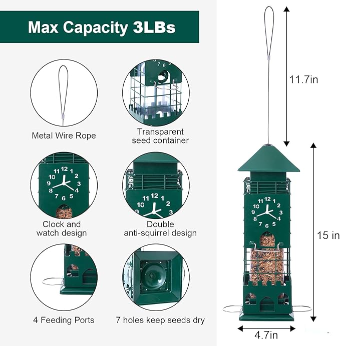 Squirrel Proof Bird Feeders Metal Mesh Anti Squirrel Wild Bird Feeder for Outdoors Hanging Weight Activated Waterproof for Finch Cardinal and Chickadee Easy to Fill, Decor Backyard (Green)