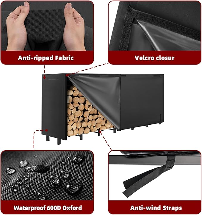 8FT Firewood Rack with Waterproof Cover,Heavy Duty Firewood Storage Log Holder for Outdoor&Indoor,Fireplace Wood Rack with 600D Oxford Fabric