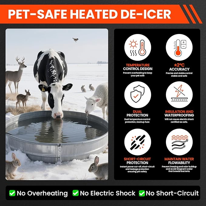 Chicken Water Heater with Thermostatic Control, Aluminum De-Icer for Bird Bath, Winter Livestock Poultry, Full Coverage Design (250 Watt)
