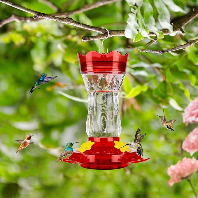 2 Pack Hummingbird Feeders for Outdoors, Built-in Ant Moat & Leakproof, XAROO Glass Hummingbird Feeder with 4 Bee Guard Feeding Ports, 15OZ, Red, Outdoor Garden Décor