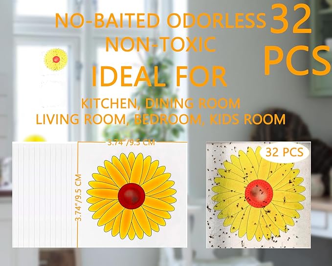 32 Pack Window Fly Traps, Fruit Fly Traps for Indoors, Paper Sticky Strips with Beautiful Sunflower Design, House Fly Catcher Trap for Home, Pest Control for Kitchen and Garage