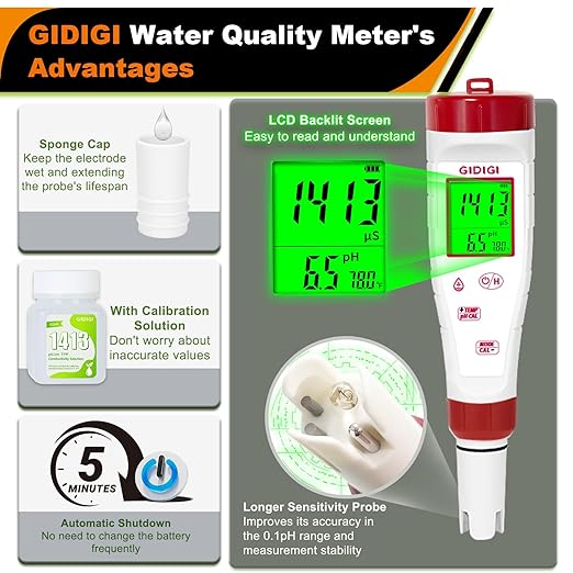 pH Meter for Hydroponic Water,Digital EC ppm Tester for Nutrients,pH TDS Reader 4 in 1 with 1413 μs/cm Calibration Solution,High-Sensitivity Backlit Display for Drinking Water,DWC,Indoor Plants