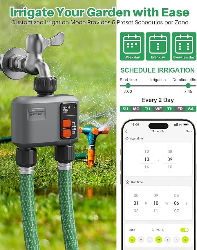WiFi Sprinkler Timer 2 Zone with 984 Feet RF Gateway, 2 Pack Smart Water Timer for Garden Hose with Rain Delay/Manual/Automatic,WiFi Water Hose Timers for Garden & Lawns
