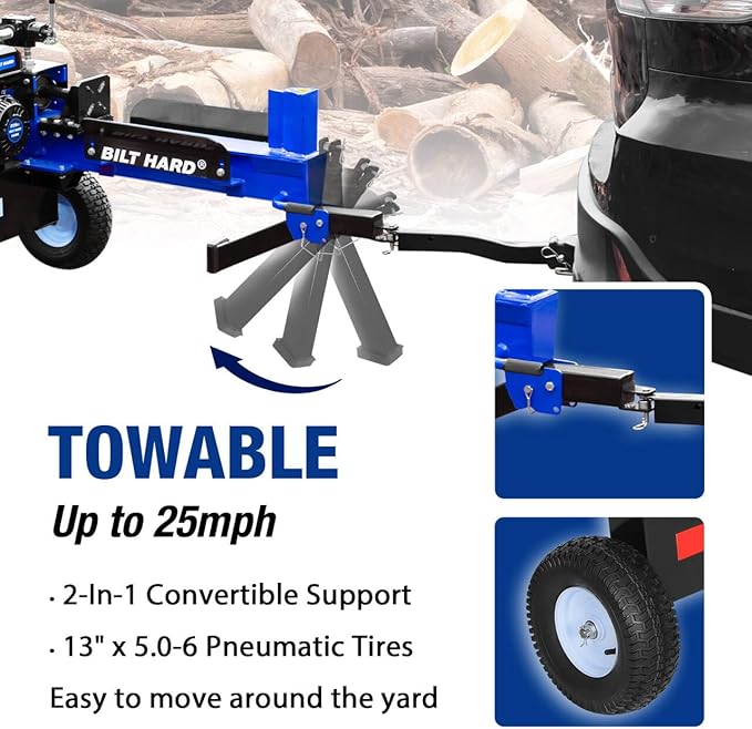 BILT HARD 20-Ton Gas Log Splitter, Hydraulic Wood Splitter with 7 HP 209cc OHV Engine, Towable Hitch, 13" Pneumatic Tires, 2 Stage Gear Pump, Steel Wedge, Firewood Splitting Machine