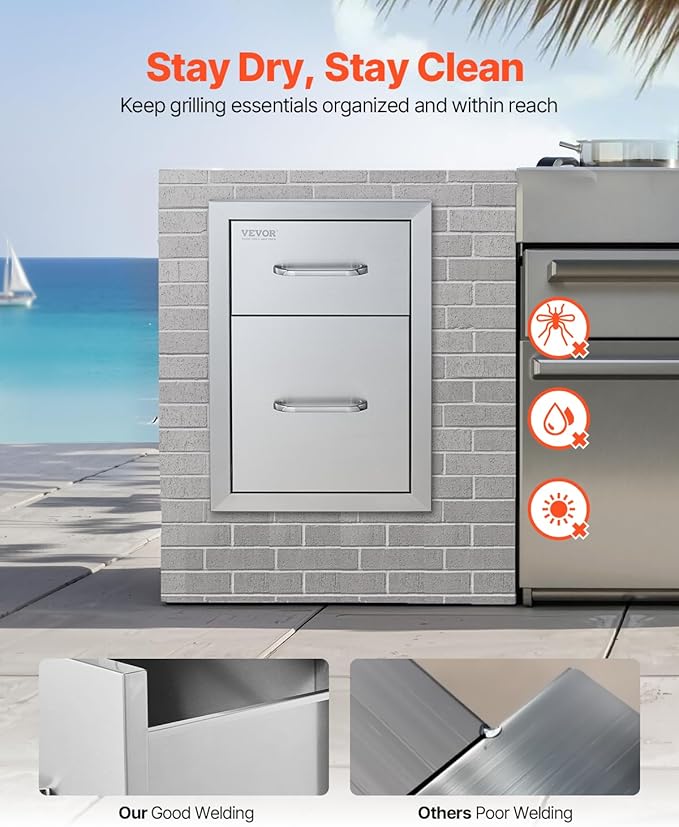 VEVOR Outdoor Kitchen Drawers 13" W x 20.5" H x 21" D, Flush Mount Double BBQ Access Drawer with Stainless Steel Handle, BBQ Island Drawers for Outdoor Kitchens or Patio Grill Station