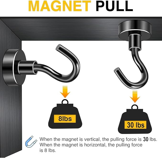 DIYMAG Magnetic Hooks for Hanging Cubicle Accessories, 30lbs 2025 Cruise Cabin Ship Essentials N52 Magnetic Hook Heavy Duty Strong Magnets Fridge for Classroom Beach Kitchen Grills 10 Pack Black