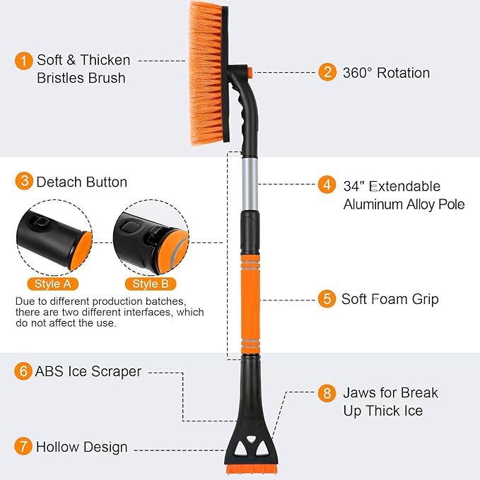 34" Extendable Ice Scrapers for Car Windshield 2-in-1 Snow Brush for Car Snow Scraper for Car Snow Scraper and Drush with Ergonomic Foam Grip for Cars, Trucks, SUV with 360° Pivoting Brush Head Orange