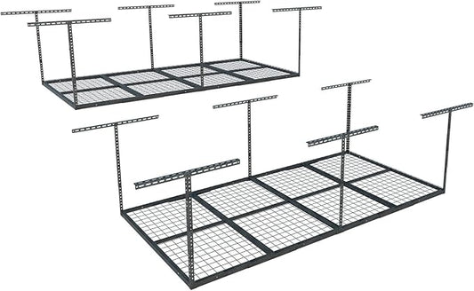 FLEXIMOUNTS 4x8 Overhead Garage Storage Rack, Adjustable Organization System, Heavy-Duty Metal Ceiling Racks, 2 Pack, Hammertone