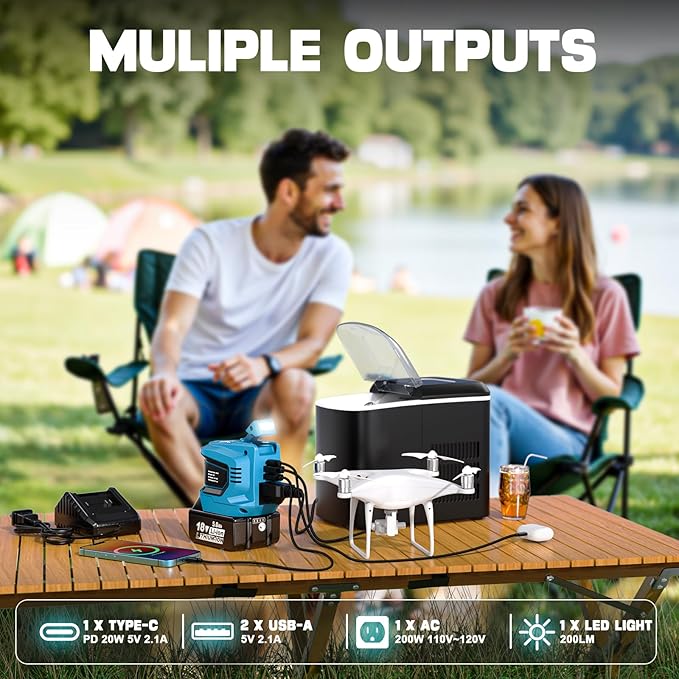 200W Power Inverter for Makita 18V, Battery Inverter DC 18V to AC 110V-120V, Portable Power Station Power Adapter with a 5AH Battery & Charging Station, with 2 USB-A & 1 Type-C & 1 AC Ports