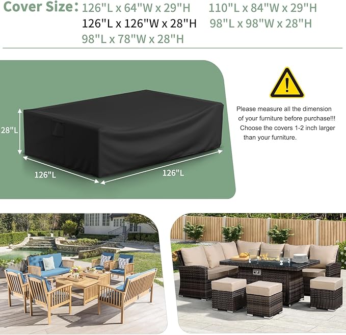 Gasadar Patio Furniture Covers, Outdoor Furniture Cover Waterproof for Outdoor Sectional Sofa Set, Heavy Duty 600D, 126" L x 126" W x 28" H, Black