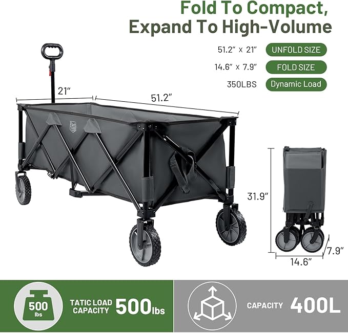 Timber Ridge 51.2'' Extended Collapsible Wagon Cart, 500LBS Heavy Duty Foldable Utility Wagon with Adjustable Handle, 400L Capacity Portable Cart with Cargo Net for Camping Sports Shopping-Grey