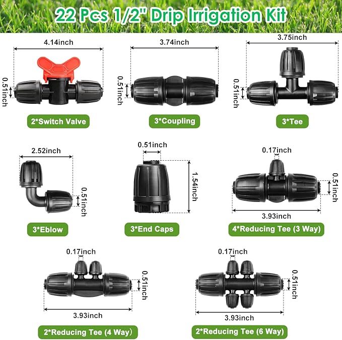 JAYEE Drip Irrigation Fittings Kit for 1/2 Inch Tubing, 22 Pcs Drip Line Parts Locked Nut for Sprinkler System - 3 Tee, 3 Coupling, 3 Elbow, 3 End Closure Plug, 2 Switch Valve, 8 Reducing Connectors
