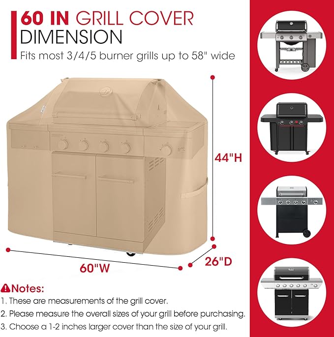 Unicook Heavy Duty Waterproof Grill Cover 60 Inch, BBQ Cover for Outside, Compatible with Weber Char-Broil Nexgrill Kenmore 3-5 Burner Gas Grills up to 58”, All Weather Protection, Light Brown