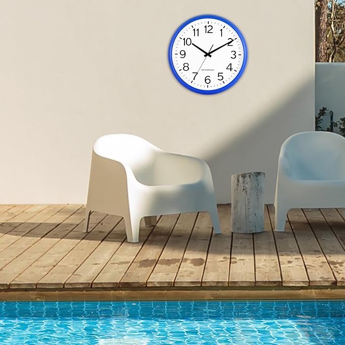 Caysie 16 Inch Sealed Large Outdoor Clock Waterproof, Silent Battery Operated Weatherproof Wall Clocks for Pool Patio Outside Home (Blue)