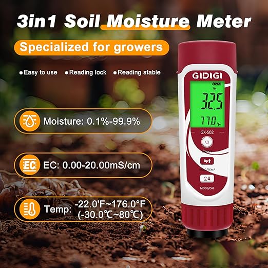 Moisture Meter for Plants, 3 in 1 Digital Soil Moisture Meter,Soil Moisture Meter and Soil EC Meter for Farms, Gardens, Orchards, Home Planting, Indoor Plants, Composting and Other Scenarios