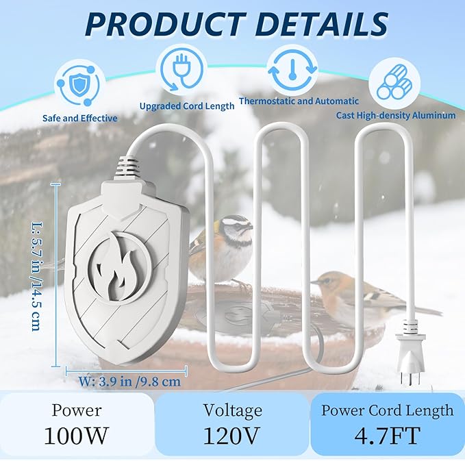 Bird Bath Heater for Outdoors in Winter, 100W Birdbath Water Heater Submersible for Winter Full-Covered Aluminum, Heated Bird Bath Deicer Thermostatic Control for Yard Patio Small Pond(White)