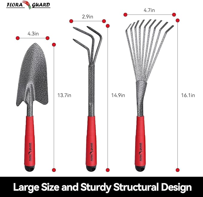 FLORA GUARD Garden Tool Set, 6 Piece Heavy Duty, Large Size Gardening Hand Tools, Sturdy & Durable, Classic Utility Gardening Gift for Seniors and Women