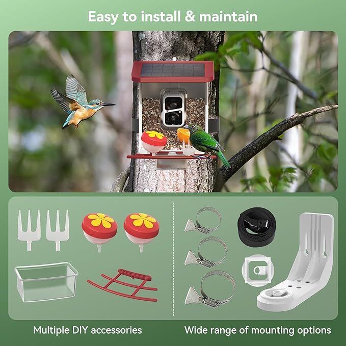 Smart Bird Feeder with Camera, Solar Bird Feeder - 2K HD Live Video Camera AI Identify Birds, Visible Window Auto Capture -Instant Arrival Alerts, Birds Lover Gifts