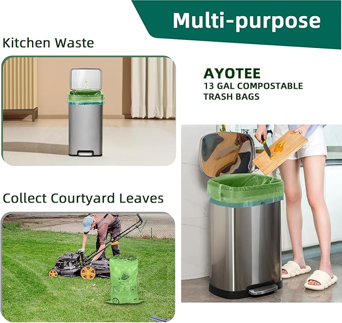 13 Gallon,100 Count, Compostable Trash Bags with Drawstring,Tear Resistant Kitchen Food Scrap Waste Bag, ASTM D6400, US BPI and Europe OK Compost Home Certified