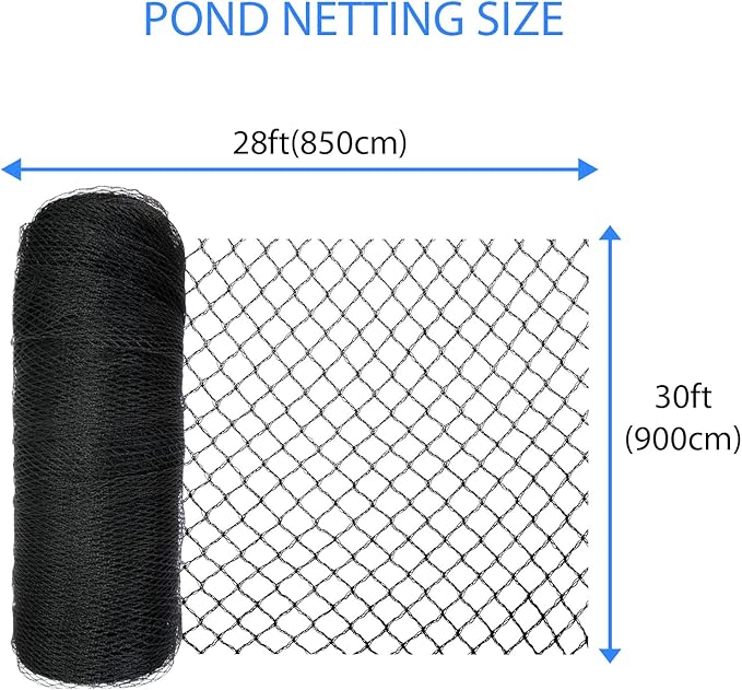 Koi Pond Netting Kit 28 x 30 ft,Black Pond Netting for Koi Ponds Heavy Duty Woven Pond Net for Leaves Reusable Pool Protective Cover Netting Protecting Koi Fish from Birds, Cats and Predators
