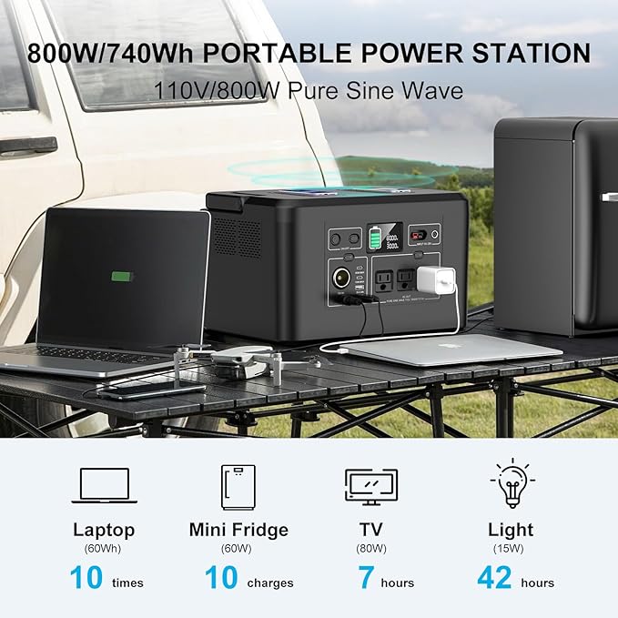 powkey Portable Power Station 800W with 3 AC Outlets, 110V/740Wh Solar Generator(Solar Panel Optional), 200,000mAh Emergency Backup Lithium-ion Battery for Outdoors Travel RV Trip Camping CPAP Machine