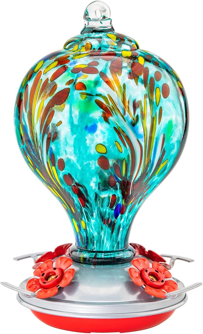 Hummingbird Feeders 32OZ Glass Hummingbird Feeder with Ant Moat, Yard Porch Decor (Teal Blue)