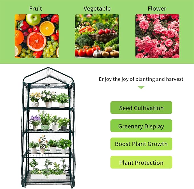 GreenGiggle 4 Tier Mini Indoor Outdoor Greenhouse,27"x19"x62" Greenhouses with PVC Cover and Roll-Up Zipper Door,Plastic Green House for Inside Grow Tent&Garden greenhouses for Outdoors