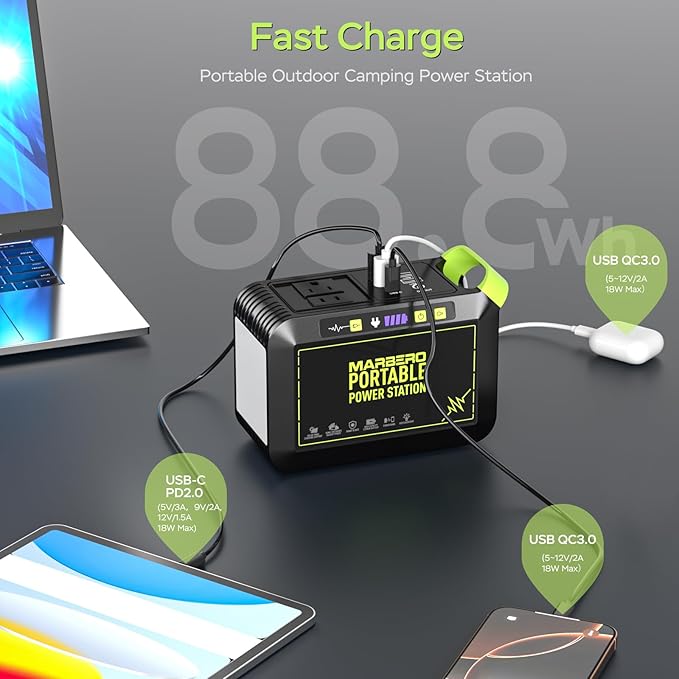 MARBERO 80W Solar Powered Generator with Panels 25W Included, 88.8Wh Lithium Battery Portable Power Station with AC Outlet 120W Peak Fast Charging 110V for Camping Outdoor Home Backup Backup RVs