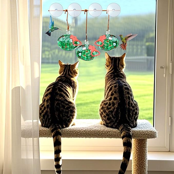 Window Hummingbird Feeder with Suction Cups,Hand-Blown Glass Hummingbird Feeders for Outdoors Window Mounted with Metal Hook,Close Bird Watching,Finch in Garden,Yard(Green)