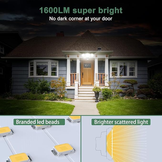 GLORIOUS-LITE Solar Security Lights 2400mAh LED Motion Sensor Light Outdoor, Rechargable 1600lm Solar Flood Light, 5500-6000K, IP 65 Waterproof for Garage, Yard, Porch, Entryways - Black