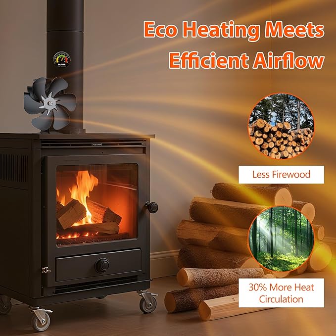 Wood Stove Fan Heat Powered | 6- Blade Thermoelectric Fireplace Fan | Eco Cocoon Fan Non Electric w/Stove Thermometer | Stove Accessories