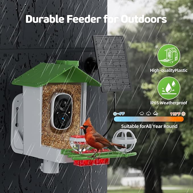 Bird Feeder with Camera 2K HD AI Smart Identify BirdSpecies Solar Panel Outdoors Birdhouse with Cam, Instant Arrival Alerts, Capture BirdVideo, Gifts for Mom Dad (Green)