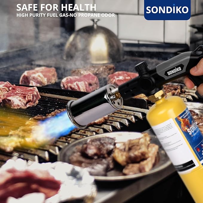 Sondiko Propane Torch with Pre-Filled Cylinder, Powerful Propane Torch Head L8010, Sous Vide, Adjustable Campfire Starter with Standard Propane Fuel Cylinder for Searing Steak, BBQ, Welding