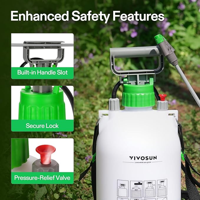 VIVOSUN 1.35 Gal/5L Pump Sprayer, Garden Water Sprayer for Plants, Weeds & Lawn Care, with 3 Nozzles, 50'' Long Hose & Pressure Relief Valve