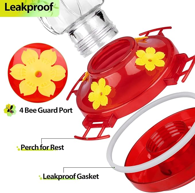 2 Pack Hummingbird Feeders for Outdoors, Built-in Ant Moat & Leakproof, XAROO Glass Hummingbird Feeder with 4 Bee Guard Feeding Ports, 15OZ, Red, Outdoor Garden Décor