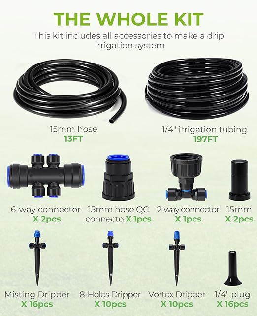 HIRALIY 210FT Drip Irrigation System, Quick Connector Garden Watering Automatic Sprinkler Kit for Lawn Raised Bed Greenhouse Misting System with 3 Kinds Dripper, Adjustable Nozzle