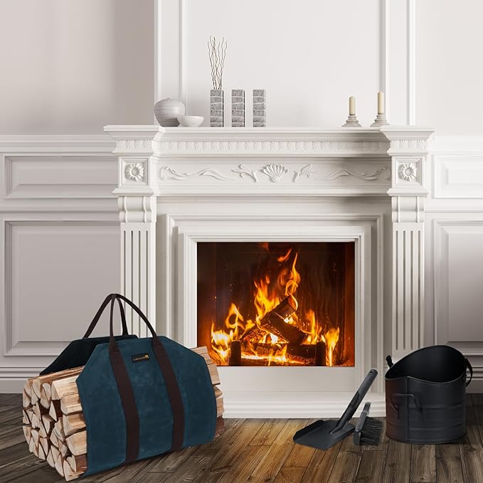 Sturdy Waxed Canvas Firewood Log Carrier, Durable Firepalce Wood Bag with Reinforce Duty Straps, BlueGreen