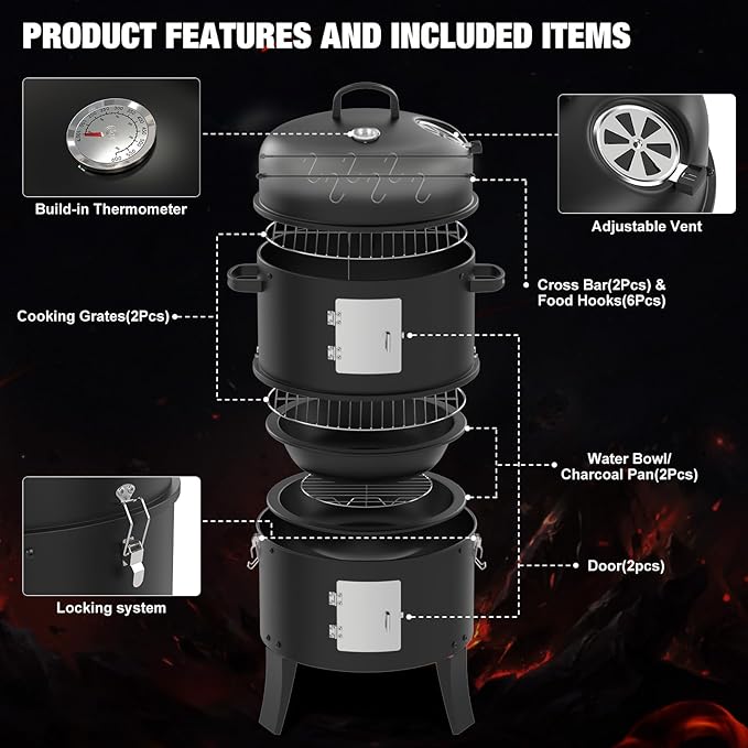 16" Charcoal Smoker, 3 in 1 Heavy Duty Vertical Barbecue Grill, Outdoor Fire Pit 402 Square Inches Cooking Area, Versatile Outdoor Smoker Grill, Black
