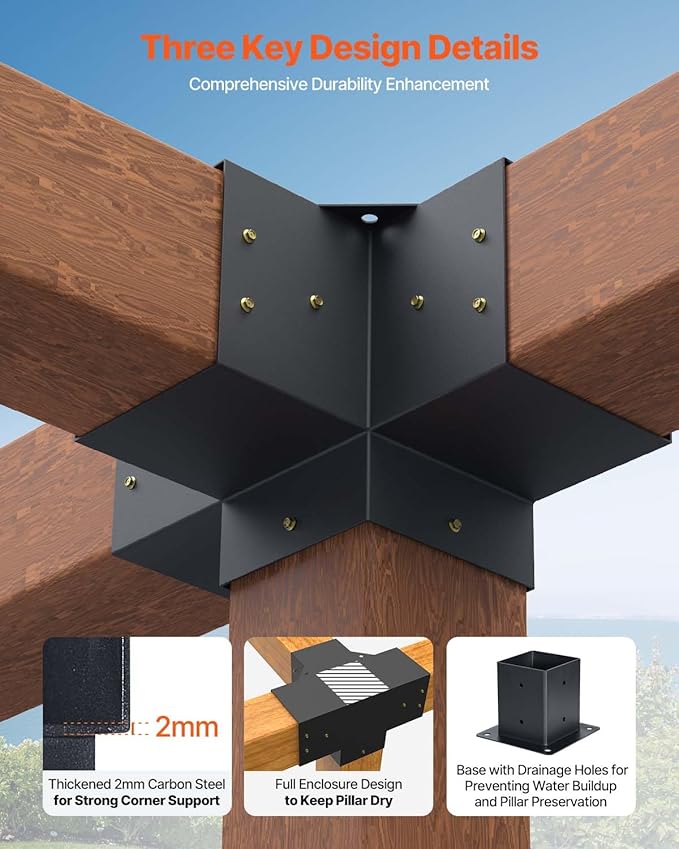 VEVOR Pergola Bracket Kit, 4x4 Inch (Inner Size 3.5x3.5), 2 Pcs 4-Way Heavy Duty Corner Bracket Woodworks DIY Post Base Kit, Easy Installation Wooden Beams for Gazebos, Patio Pergolas, Log Cabin