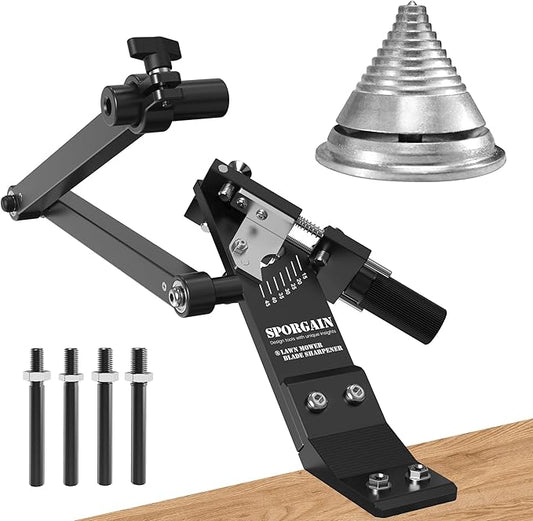 Lawn Mower Blade Sharpener and Balancer, 15ยฐ-45ยฐ Adjustable Mower Blade Sharpening Tool with Blade Balancer Kit Many Types of Mower Blade, Black