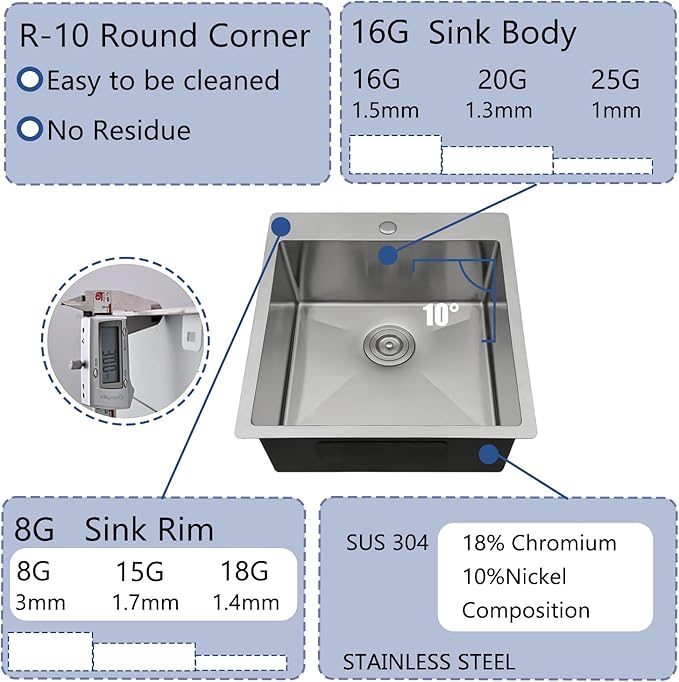18x18 Inch Bar Sink Drop In Kitchen Sink, Topmount Stainless Steel Square Small Workstation Sinks, Single Bowl Kitchen Sinks for Laundry Wet Bar Prep RV Office Outdoor Yard